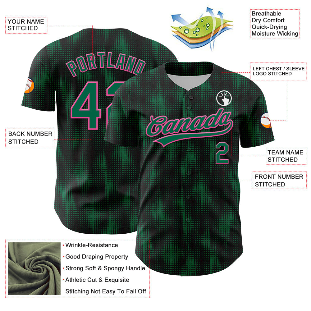 Custom Black Kelly Green-Pink 3D Pattern Design Halftone Dots Authentic Baseball Jersey view 3