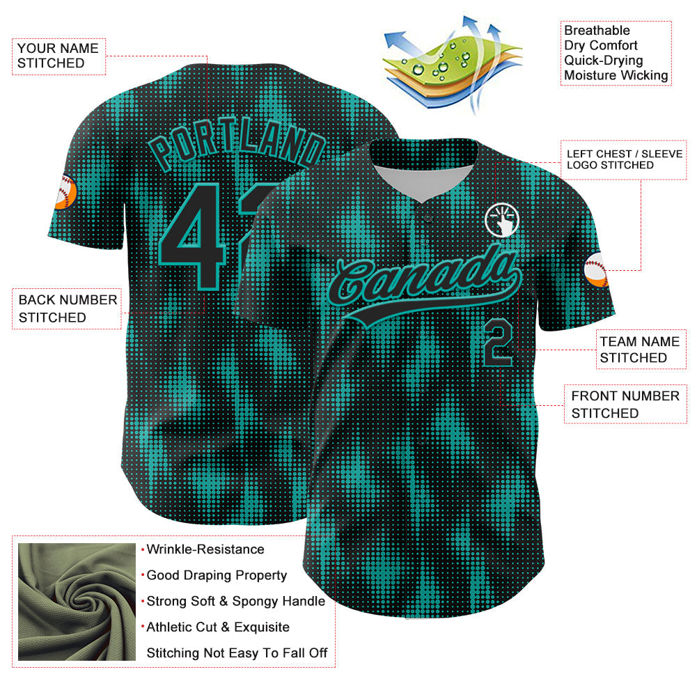 Custom Black Aqua 3D Pattern Design Halftone Dots Authentic Baseball Jersey view 3