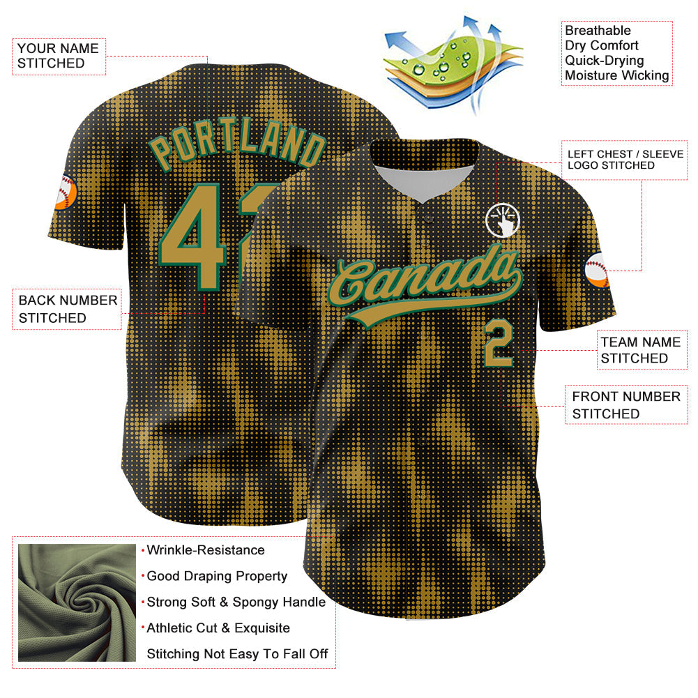 Custom Black Old Gold-Kelly Green 3D Pattern Design Halftone Dots Authentic Baseball Jersey view 3
