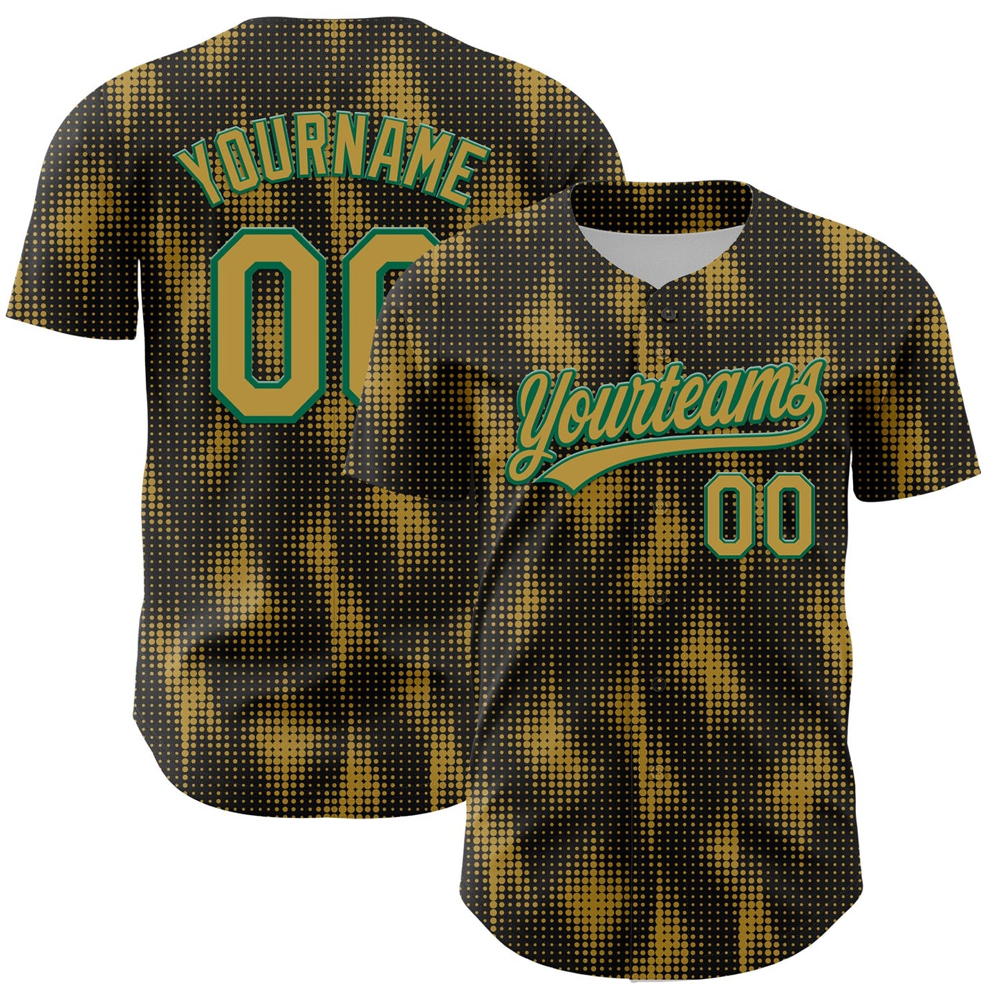 Custom Black Old Gold-Kelly Green 3D Pattern Design Halftone Dots Authentic Baseball Jersey - Main View