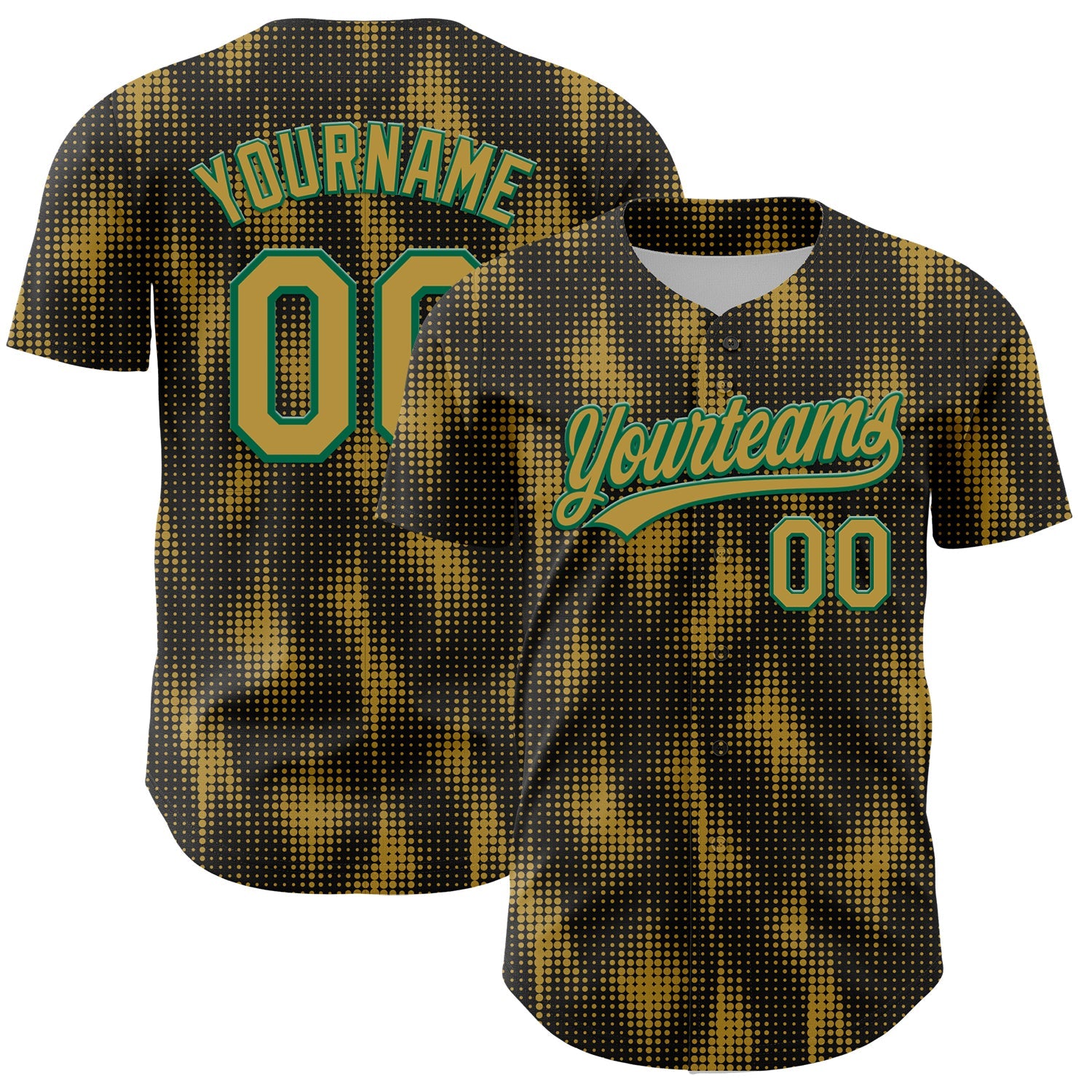 Custom Black Old Gold-Kelly Green 3D Pattern Design Halftone Dots Authentic Baseball Jersey - Main View