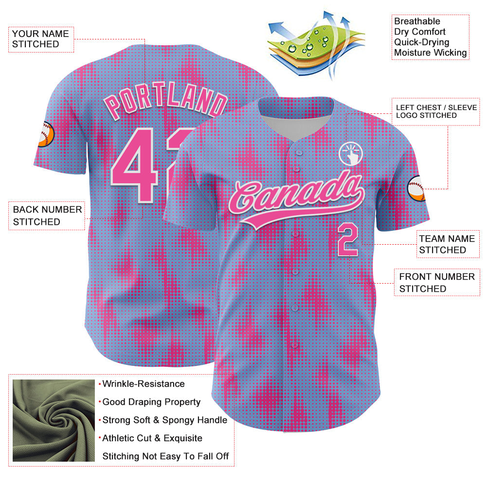Custom Light Blue Pink-White 3D Pattern Design Halftone Dots Authentic Baseball Jersey view 3
