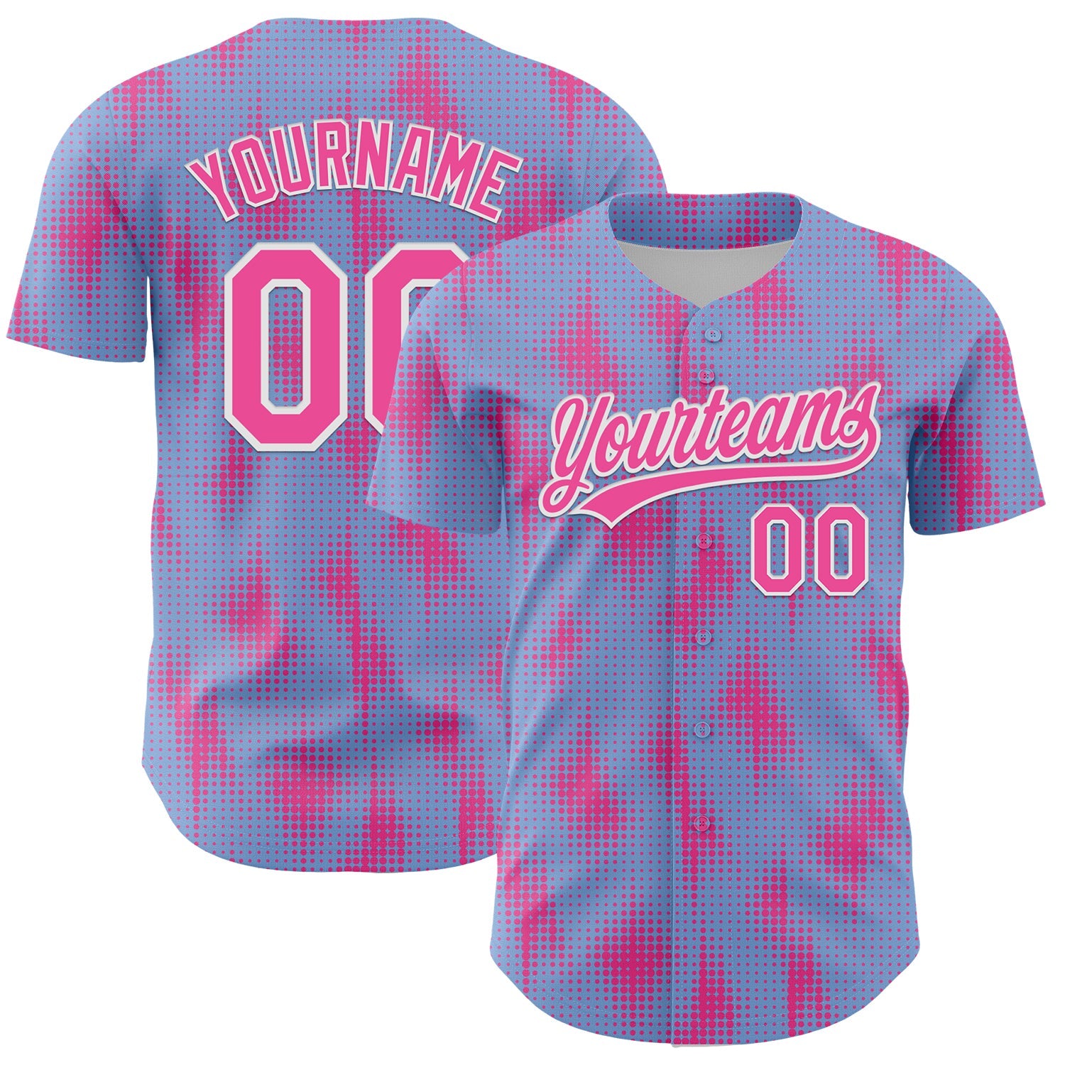 Custom Light Blue Pink-White 3D Pattern Design Halftone Dots Authentic Baseball Jersey - Main View