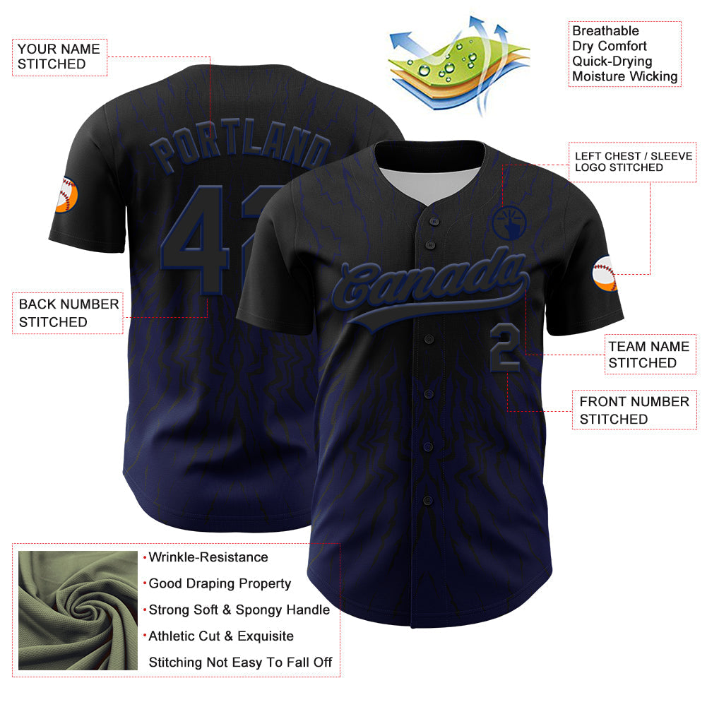 Custom Black Navy 3D Pattern Design Abstract Wave Authentic Baseball Jersey view 3
