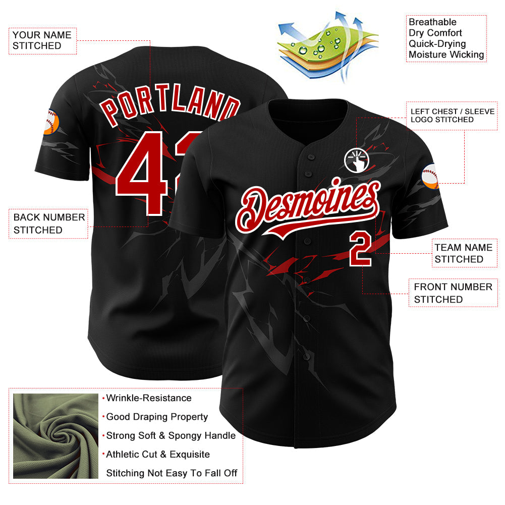 Custom Black Red-White 3D Pattern Design Lightning Authentic Baseball Jersey view 3