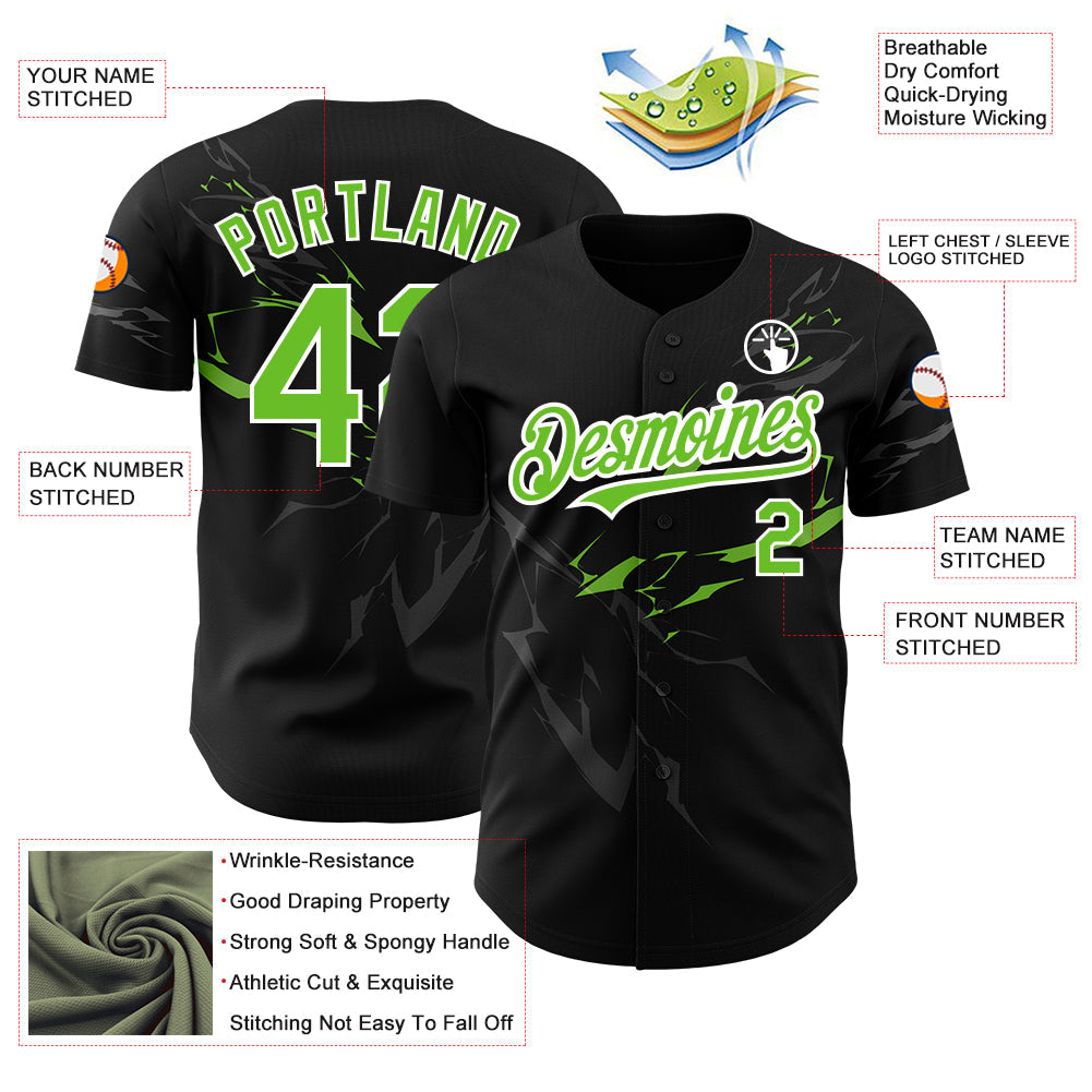 Custom Black Neon Green-White 3D Pattern Design Lightning Authentic Baseball Jersey view 3