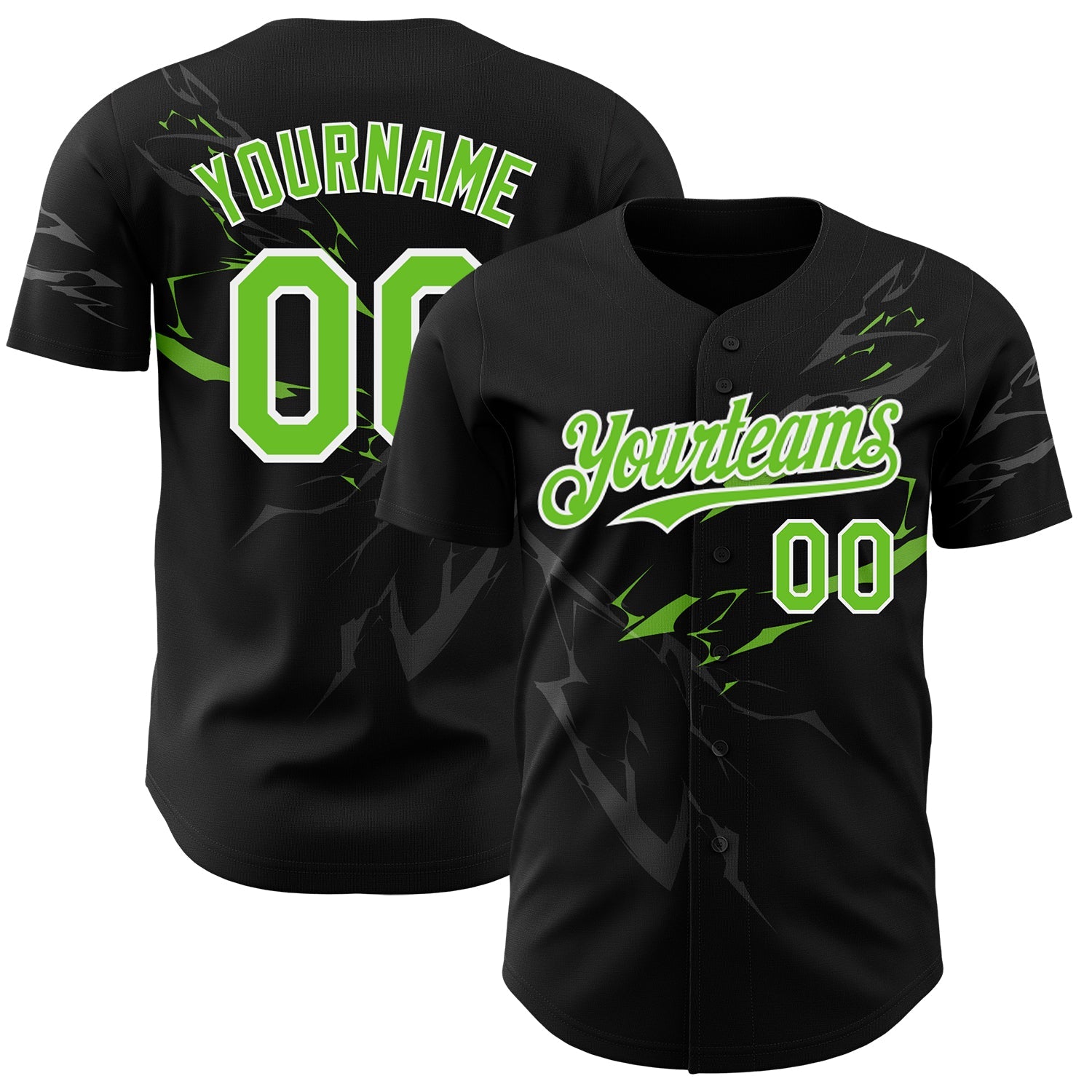 Custom Black Neon Green-White 3D Pattern Design Lightning Authentic Baseball Jersey - Main View