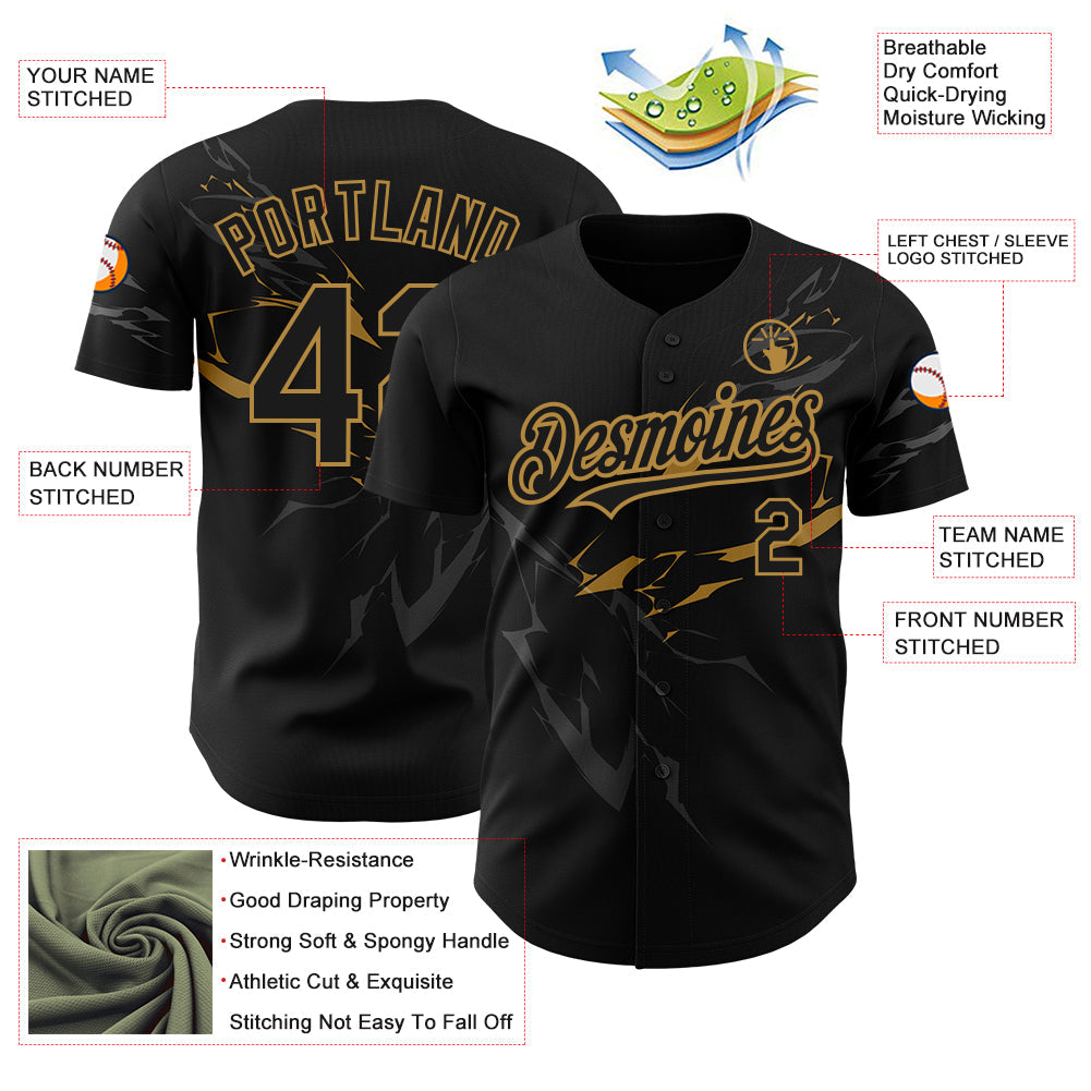 Custom Black Old Gold 3D Pattern Design Lightning Authentic Baseball Jersey view 3