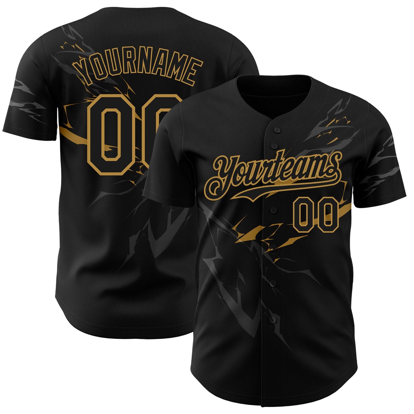 Custom Black Old Gold 3D Pattern Design Lightning Authentic Baseball Jersey - Main View