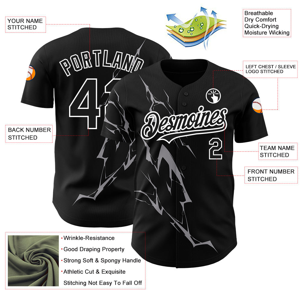Custom Black Gray-White 3D Pattern Design Lightning Authentic Baseball Jersey view 3