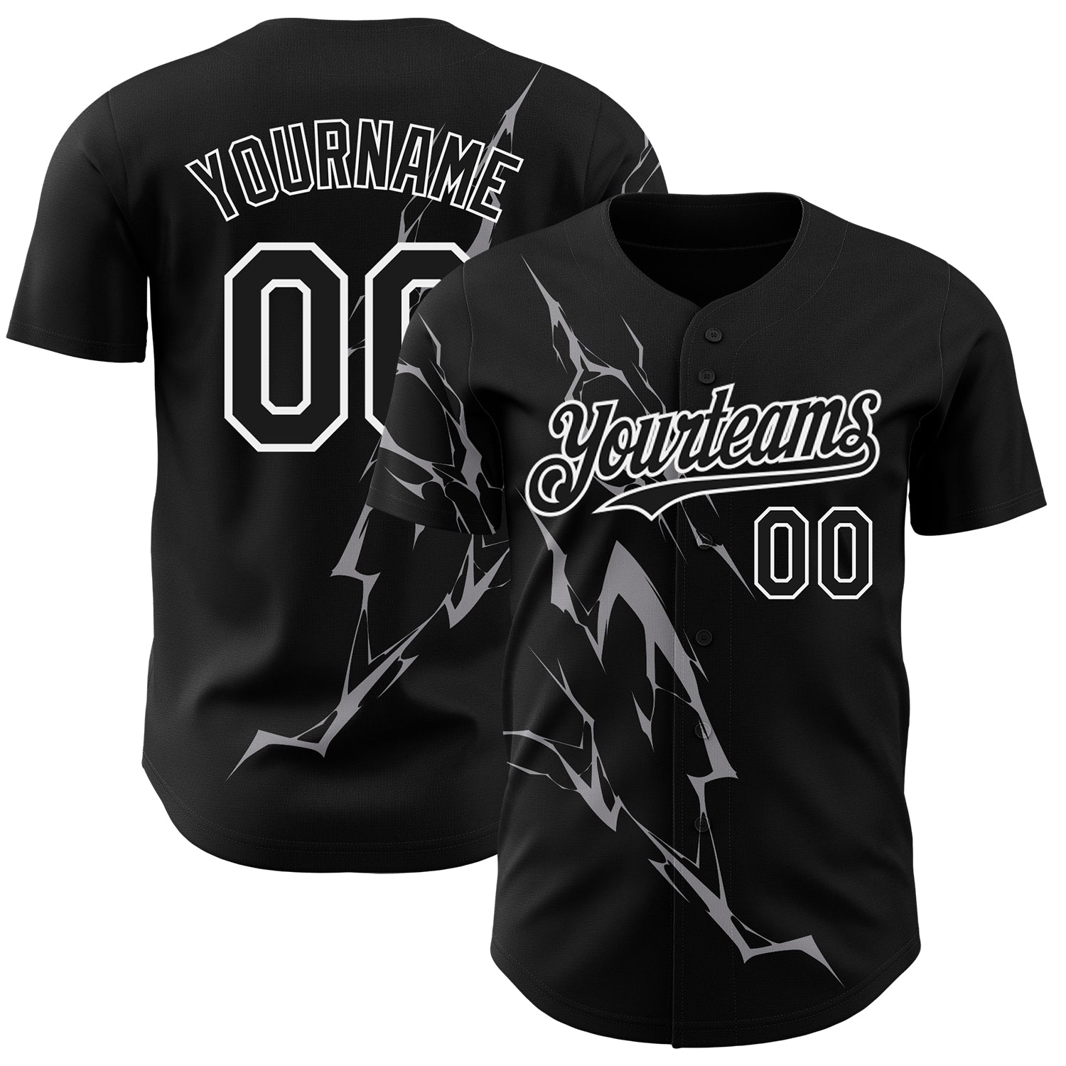 Custom Black Gray-White 3D Pattern Design Lightning Authentic Baseball Jersey - Main View