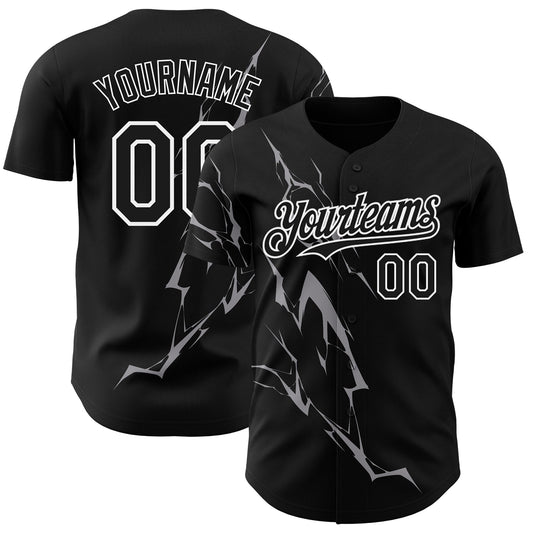 Custom Black Gray-White 3D Pattern Design Lightning Authentic Baseball Jersey - Main View