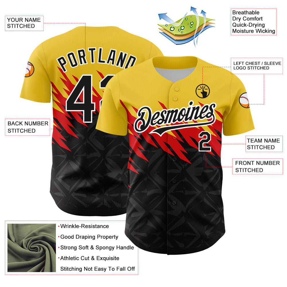 Custom Yellow Black-White 3D Pattern Design Abstract Shape Authentic Baseball Jersey view 3