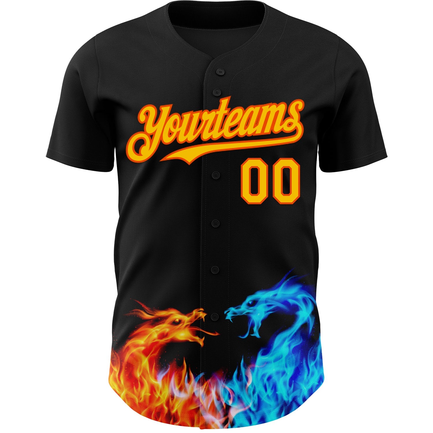 Custom Black Yellow-Orange 3D Pattern Design Fire Dragon Authentic Baseball Jersey view 2