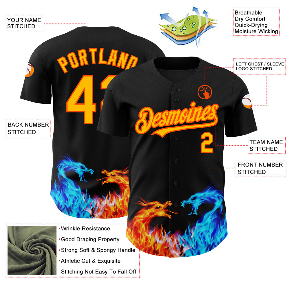 Custom Black Yellow-Orange 3D Pattern Design Fire Dragon Authentic Baseball Jersey view 3