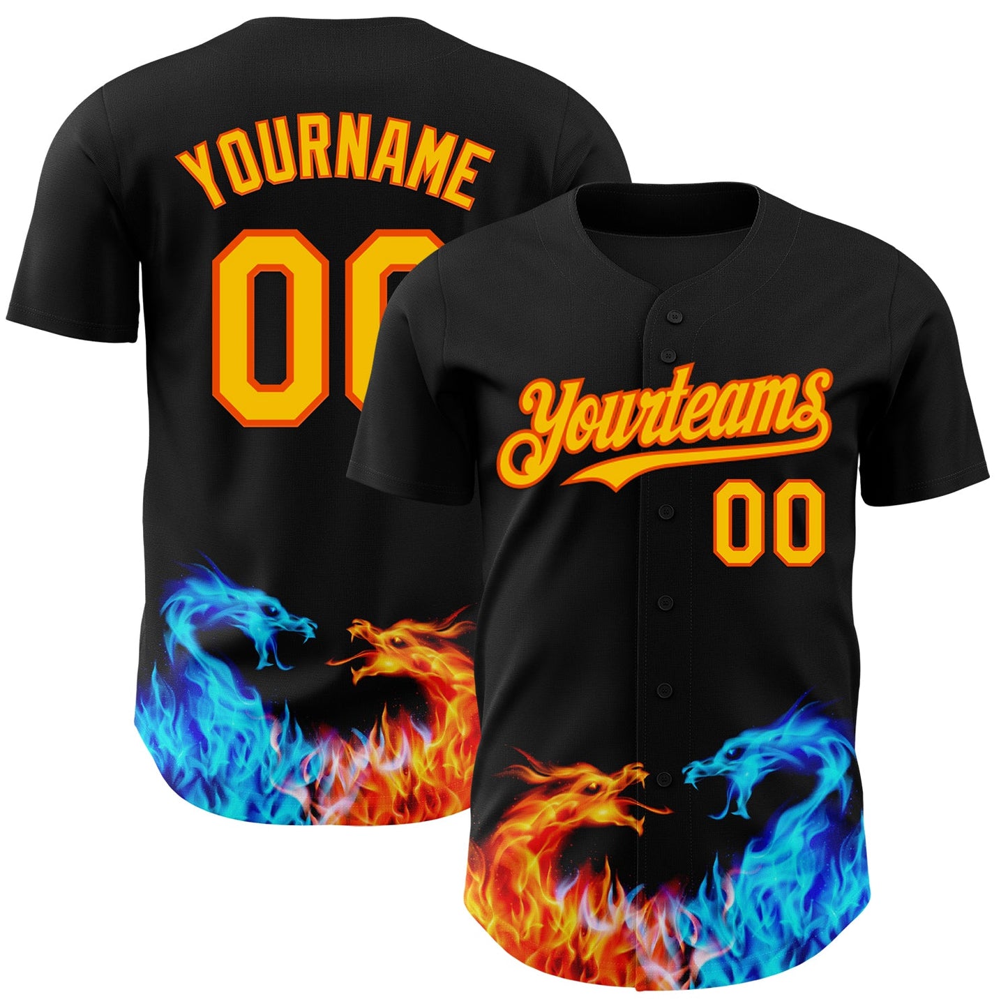 Custom Black Yellow-Orange 3D Pattern Design Fire Dragon Authentic Baseball Jersey - Main View