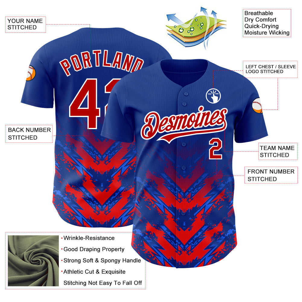 Custom Thunder Blue Red-White 3D Pattern Design Abstract Arrow Authentic Baseball Jersey view 3