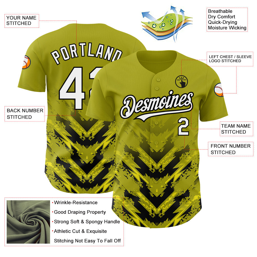 Custom Olive White-Black 3D Pattern Design Abstract Arrow Authentic Baseball Jersey view 3