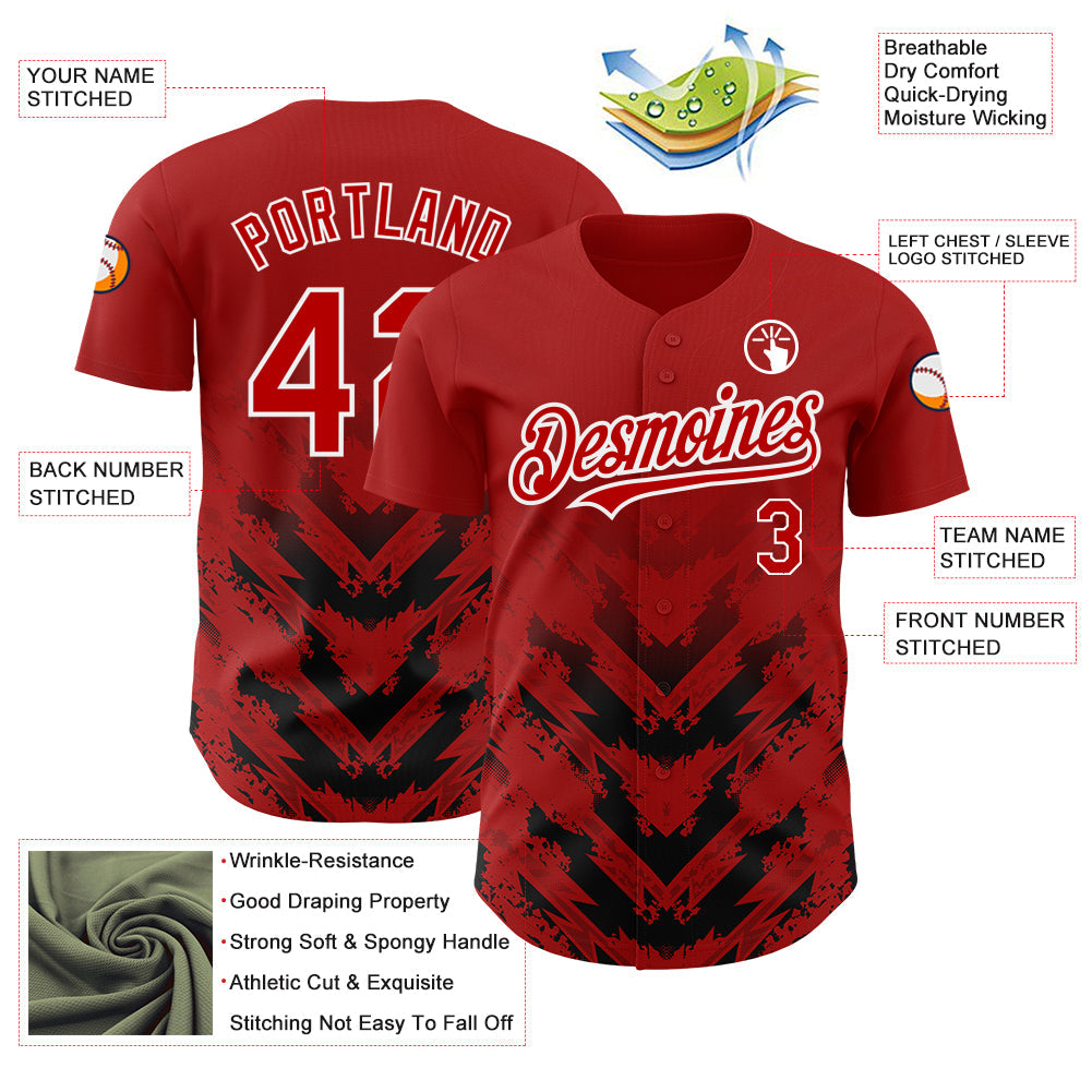 Custom Red Black-White 3D Pattern Design Abstract Arrow Authentic Baseball Jersey view 3