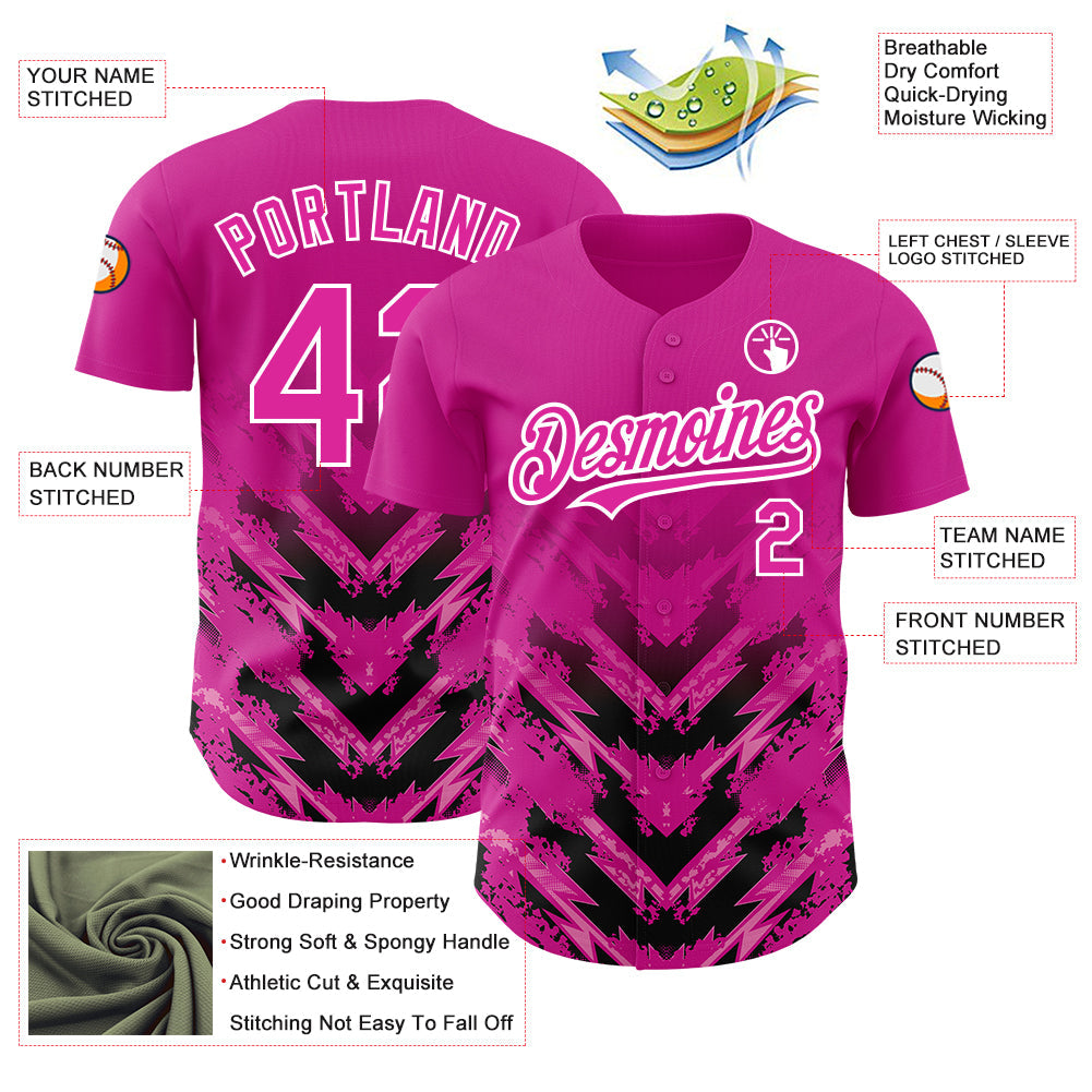 Custom Deep Pink Black-White 3D Pattern Design Abstract Arrow Authentic Baseball Jersey view 3