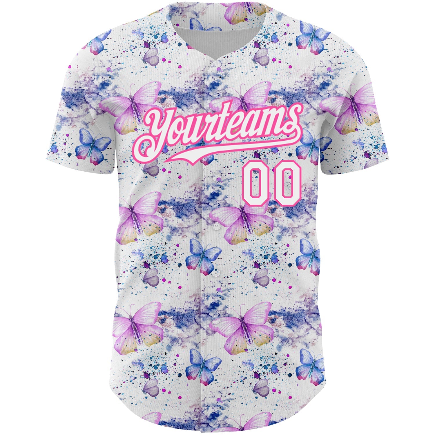 Custom White Pink 3D Pattern Design Animal Butterfly Authentic Baseball Jersey view 2