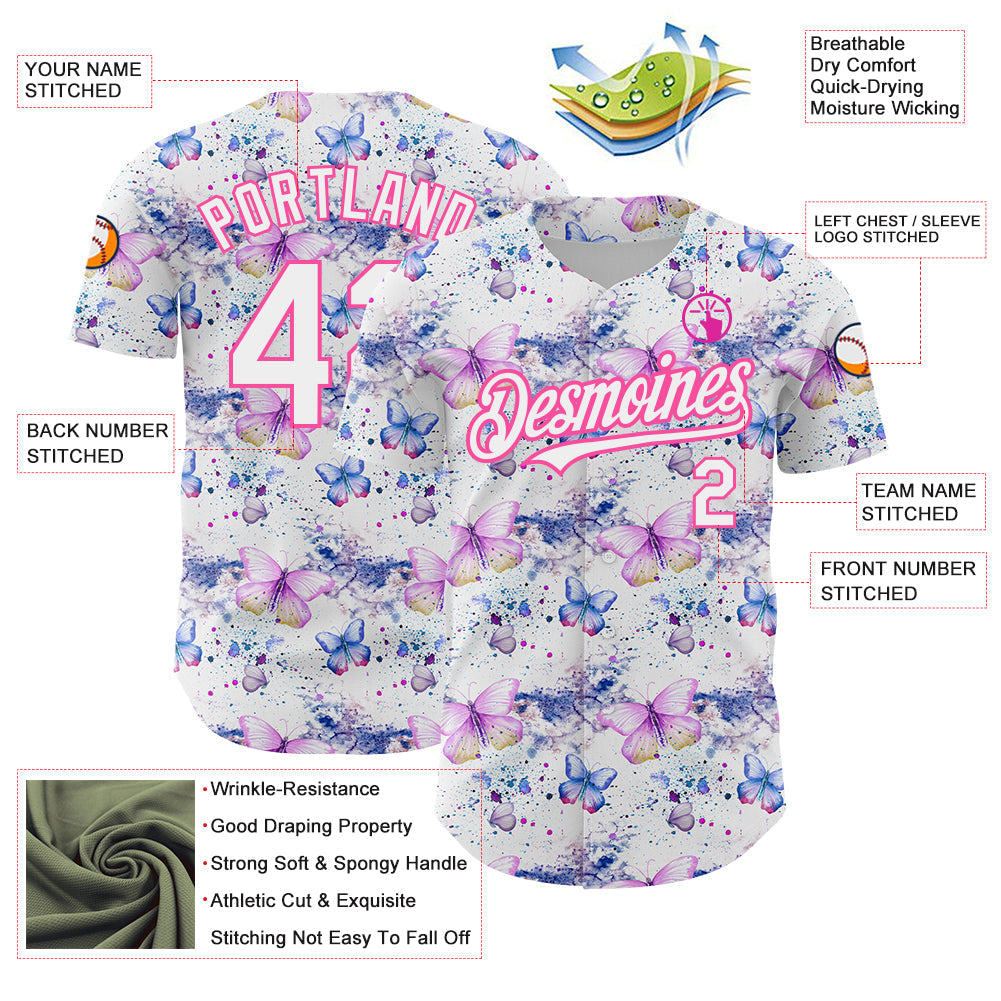 Custom White Pink 3D Pattern Design Animal Butterfly Authentic Baseball Jersey view 3