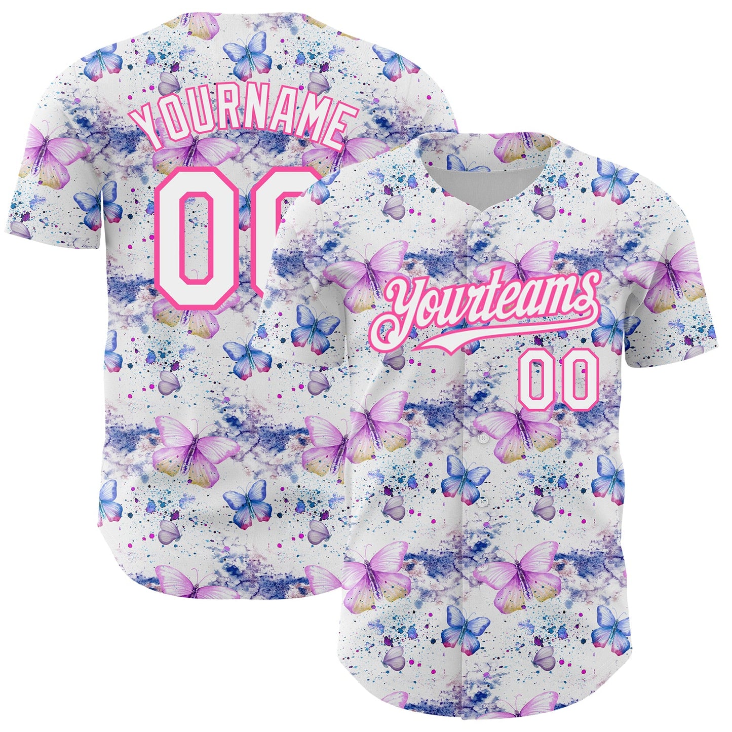 Custom White Pink 3D Pattern Design Animal Butterfly Authentic Baseball Jersey - Main View