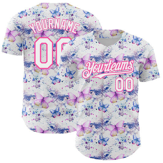 Custom White Pink 3D Pattern Design Animal Butterfly Authentic Baseball Jersey - Main View