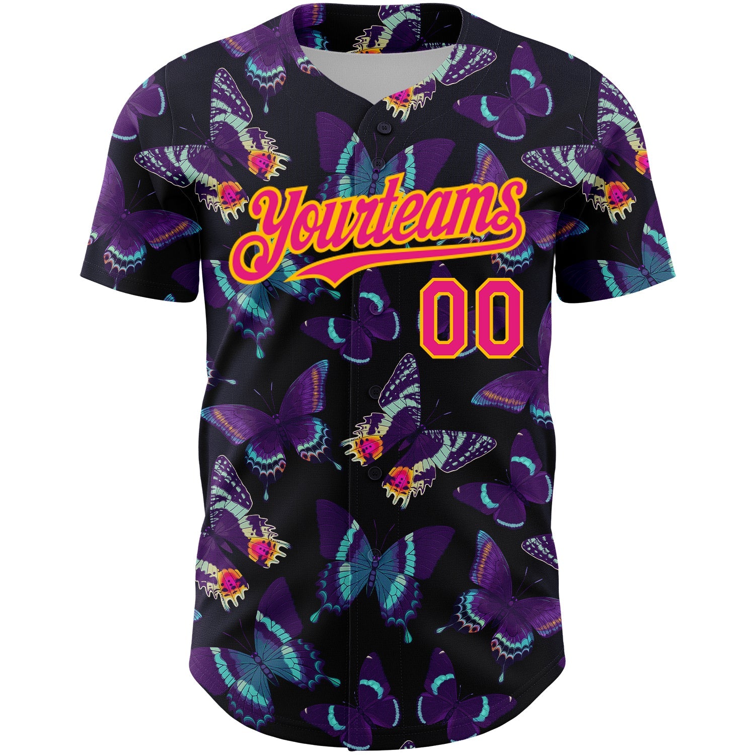 Custom Black Hot Pink-Yellow 3D Pattern Design Animal Butterfly Authentic Baseball Jersey view 2