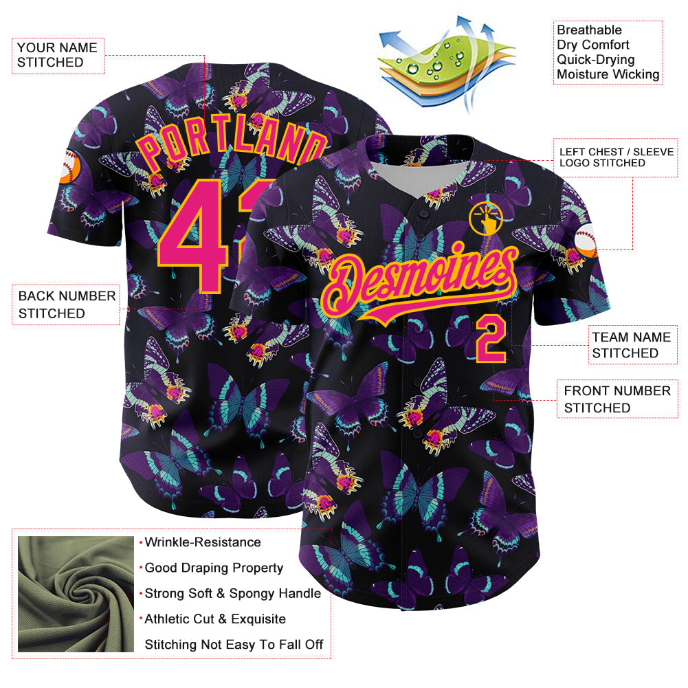 Custom Black Hot Pink-Yellow 3D Pattern Design Animal Butterfly Authentic Baseball Jersey view 3