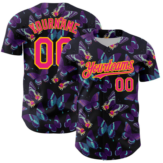 Custom Black Hot Pink-Yellow 3D Pattern Design Animal Butterfly Authentic Baseball Jersey - Main View