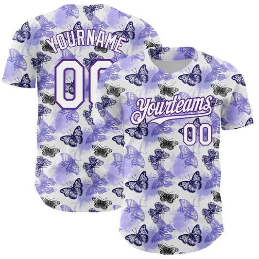 Custom White Purple 3D Pattern Design Animal Butterfly Authentic Baseball Jersey - Main View