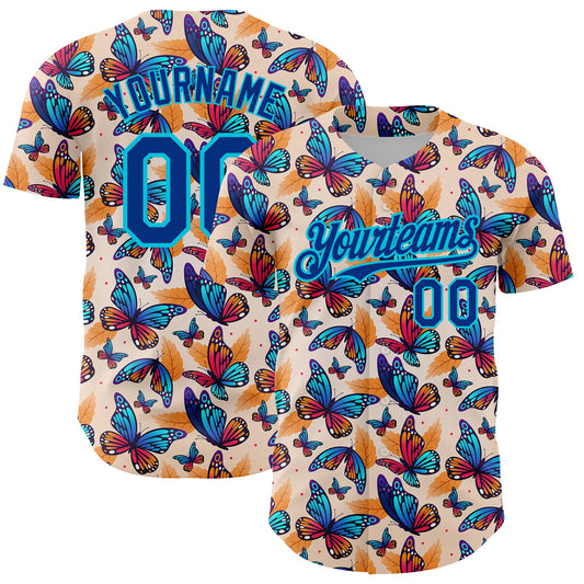 Custom Cream Royal-Lakes Blue 3D Pattern Design Animal Butterfly Authentic Baseball Jersey - Main View