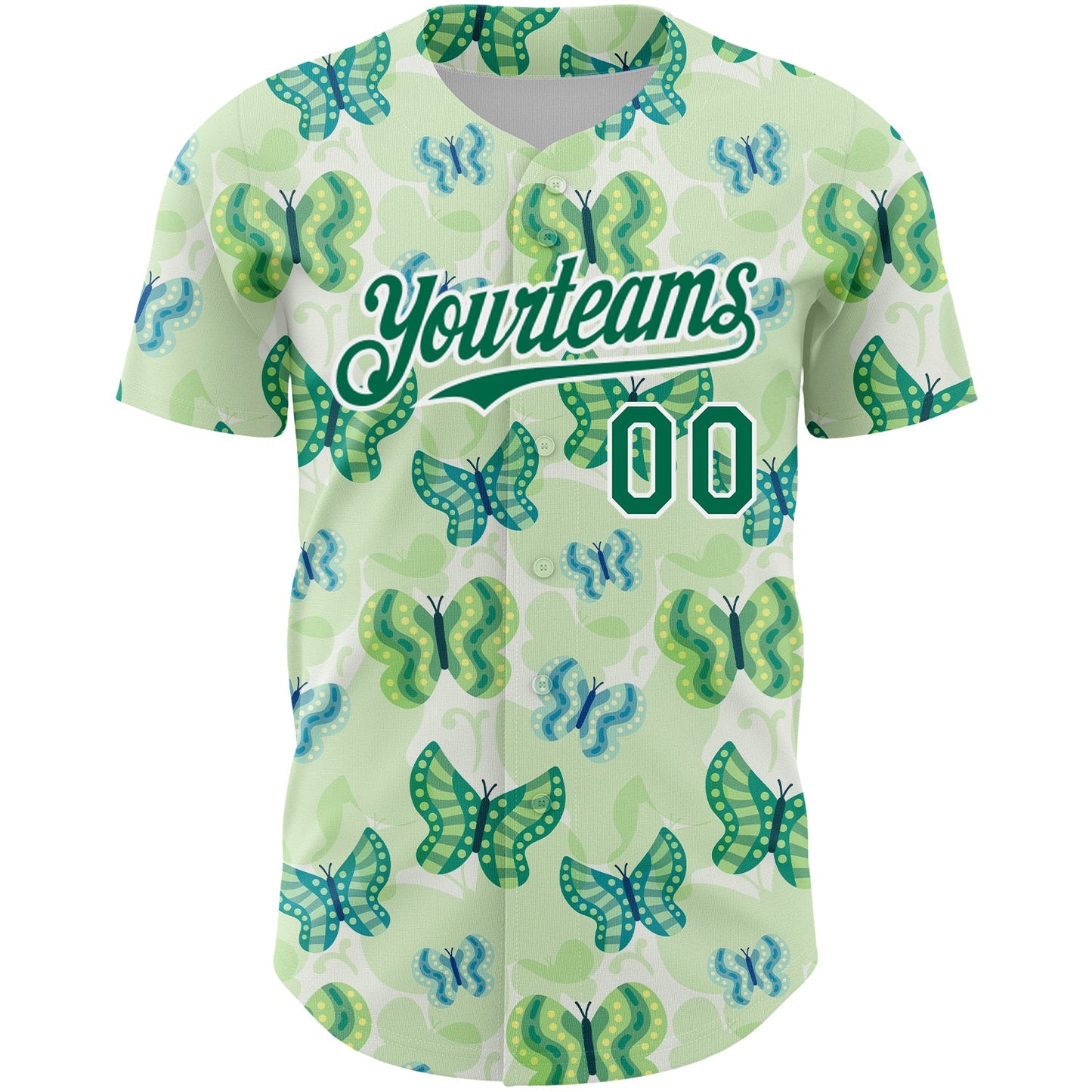 Custom White Kelly Green 3D Pattern Design Animal Butterfly Authentic Baseball Jersey view 2