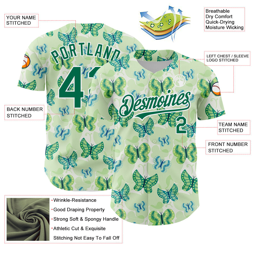 Custom White Kelly Green 3D Pattern Design Animal Butterfly Authentic Baseball Jersey view 3
