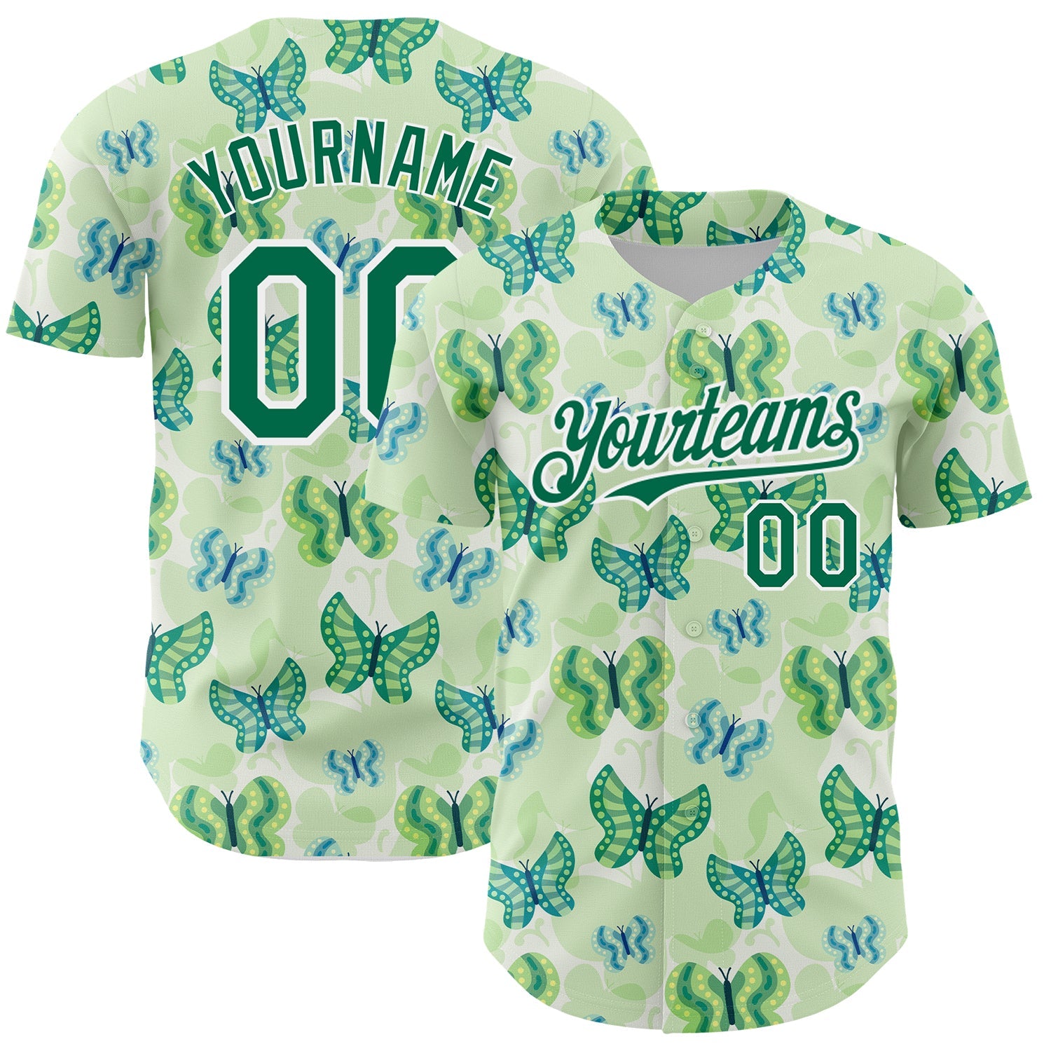 Custom White Kelly Green 3D Pattern Design Animal Butterfly Authentic Baseball Jersey - Main View