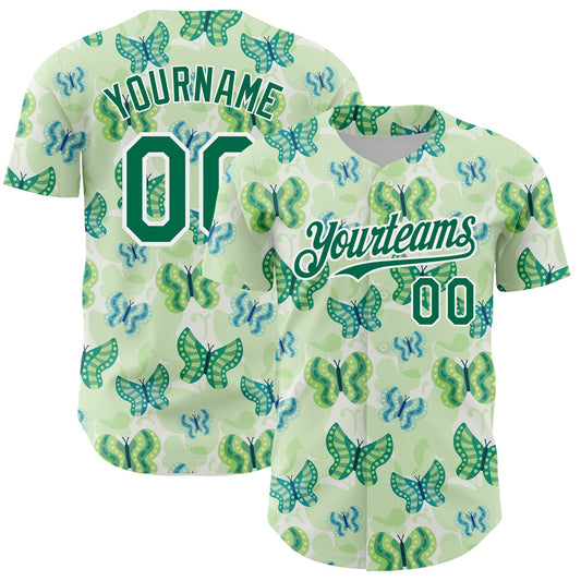 Custom White Kelly Green 3D Pattern Design Animal Butterfly Authentic Baseball Jersey - Main View