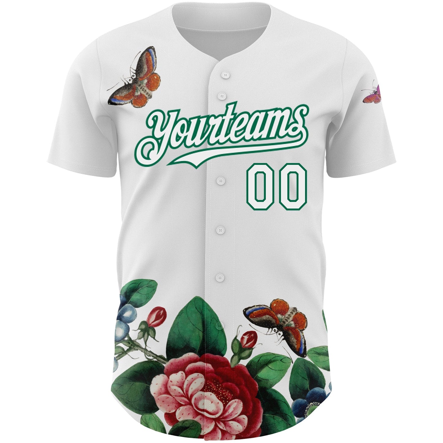 Custom White Kelly Green 3D Pattern Design Animal Butterfly And Flower Authentic Baseball Jersey view 2