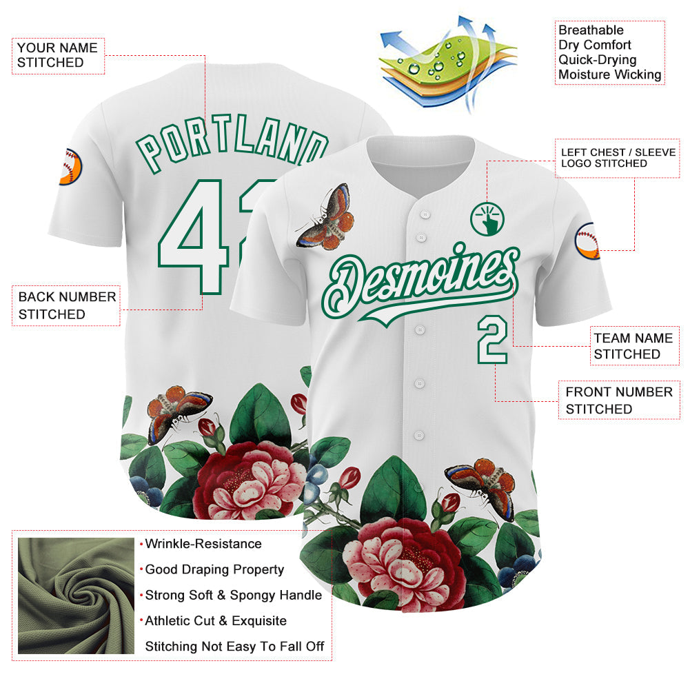 Custom White Kelly Green 3D Pattern Design Animal Butterfly And Flower Authentic Baseball Jersey view 3