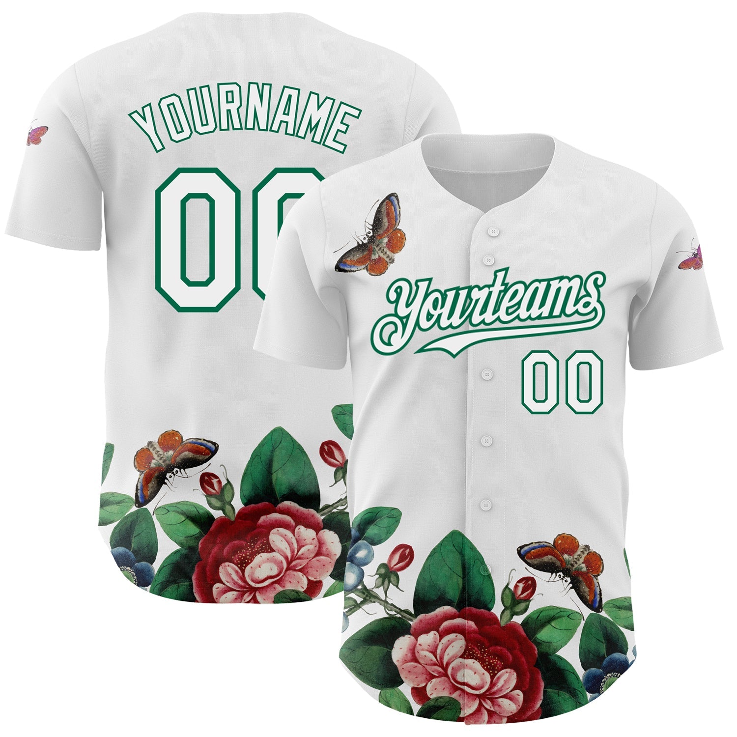 Custom White Kelly Green 3D Pattern Design Animal Butterfly And Flower Authentic Baseball Jersey - Main View