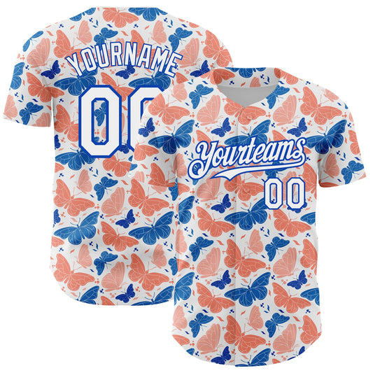 Custom White Royal 3D Pattern Design Animal Butterfly Authentic Baseball Jersey - Main View