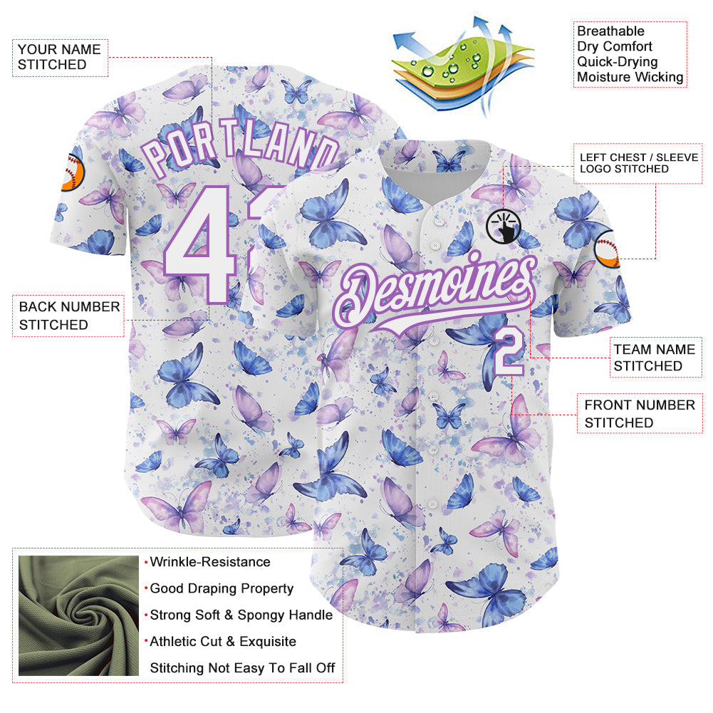 Custom White Medium Purple 3D Pattern Design Animal Butterfly Authentic Baseball Jersey view 3