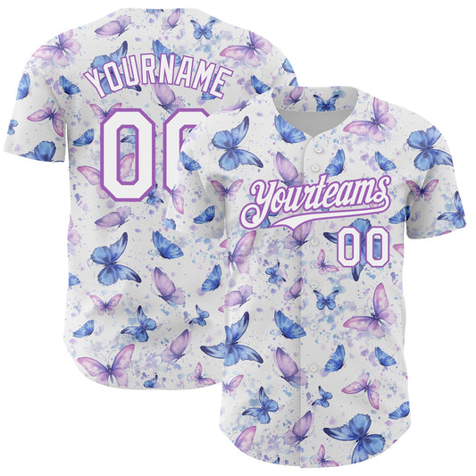 Custom White Medium Purple 3D Pattern Design Animal Butterfly Authentic Baseball Jersey - Main View