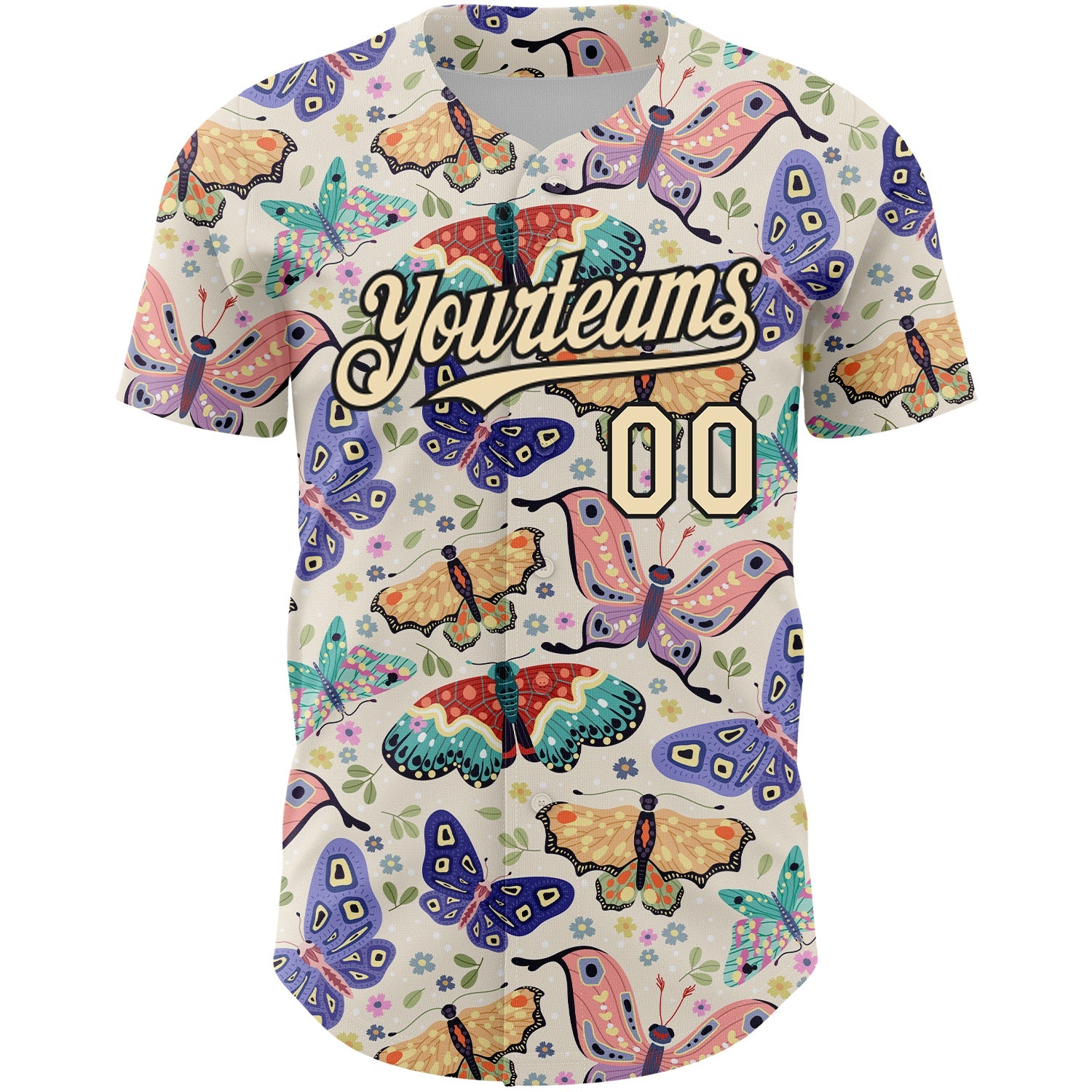 Custom Cream Black 3D Pattern Design Animal Butterfly Authentic Baseball Jersey view 2