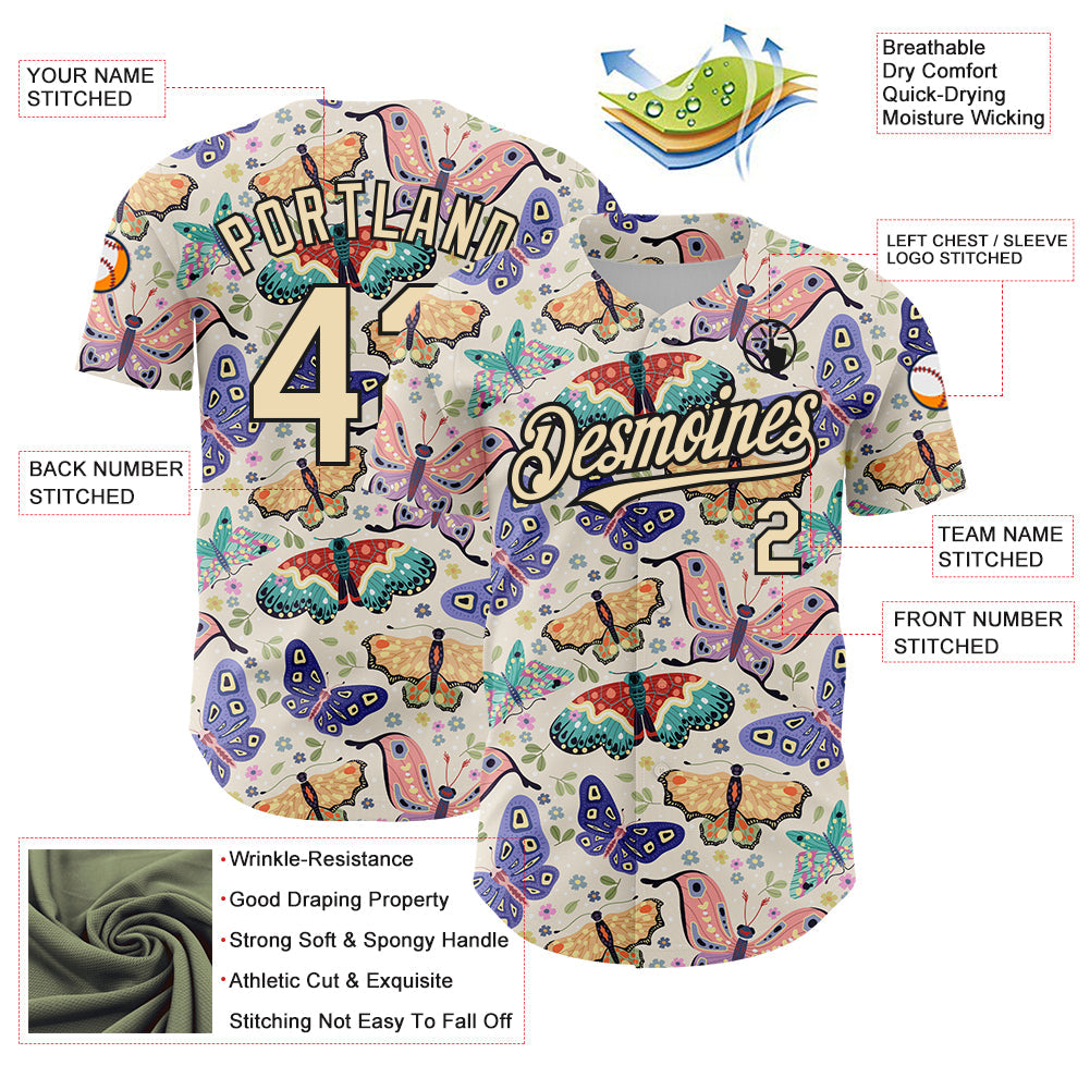 Custom Cream Black 3D Pattern Design Animal Butterfly Authentic Baseball Jersey view 3