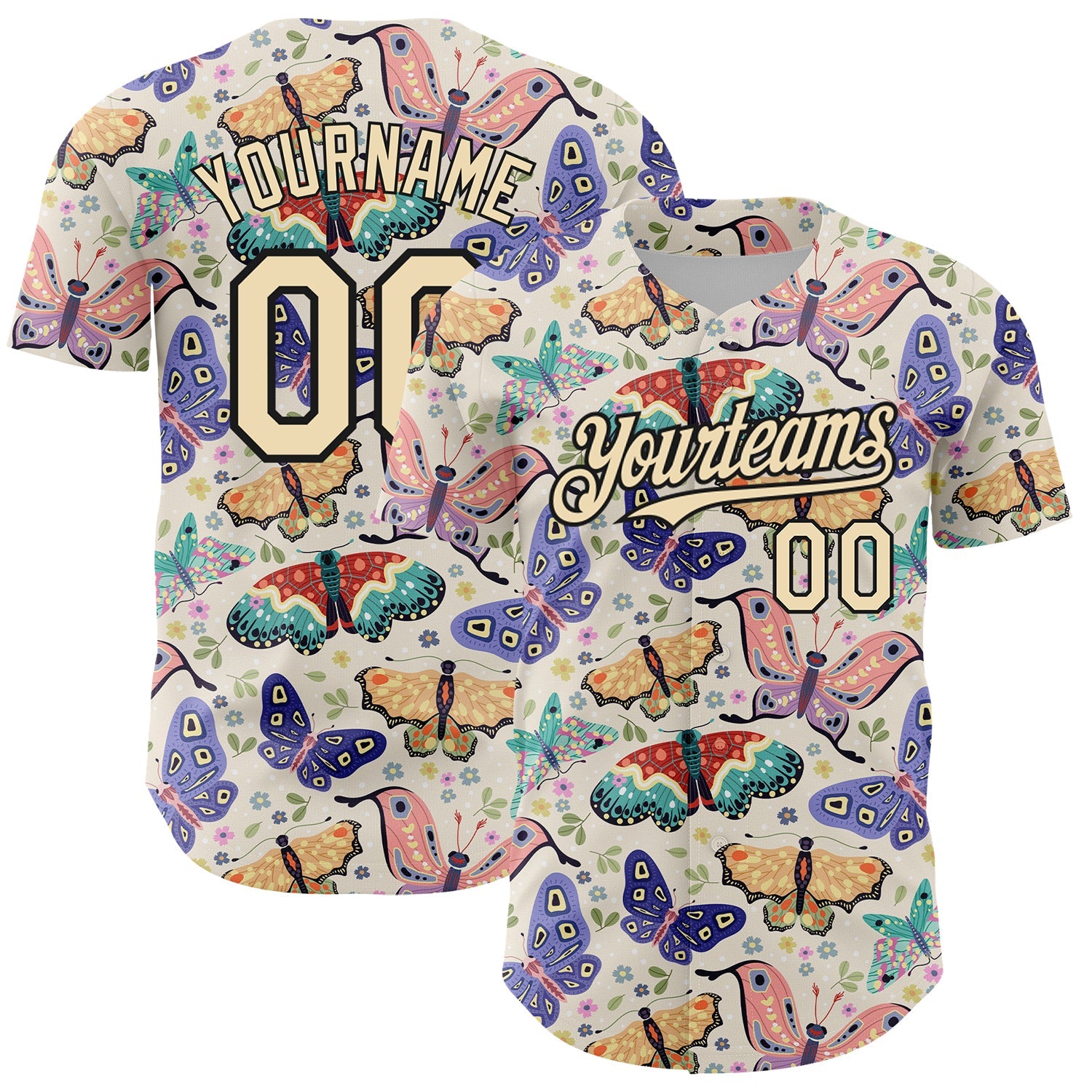 Custom Cream Black 3D Pattern Design Animal Butterfly Authentic Baseball Jersey - Main View