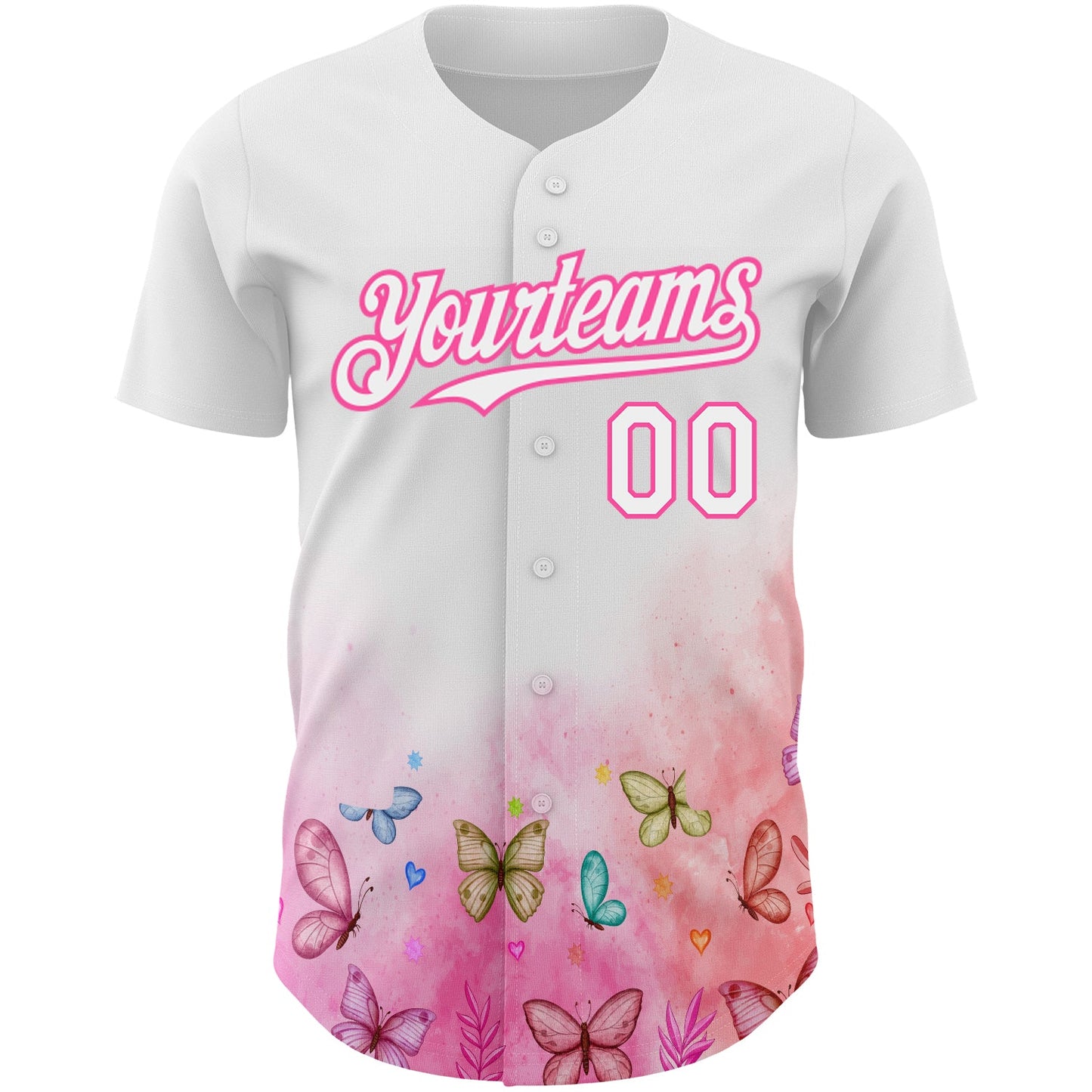 Custom White Pink 3D Pattern Design Animal Butterfly Authentic Baseball Jersey view 2