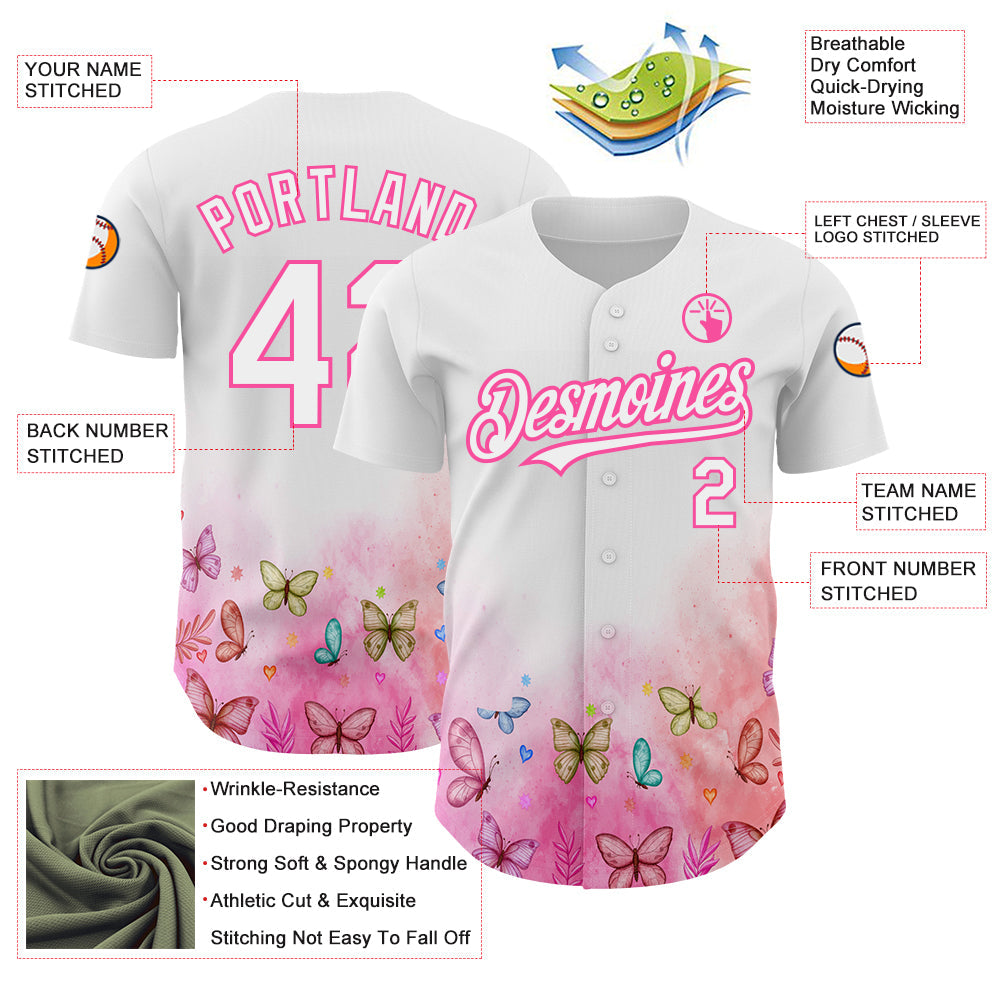 Custom White Pink 3D Pattern Design Animal Butterfly Authentic Baseball Jersey view 3