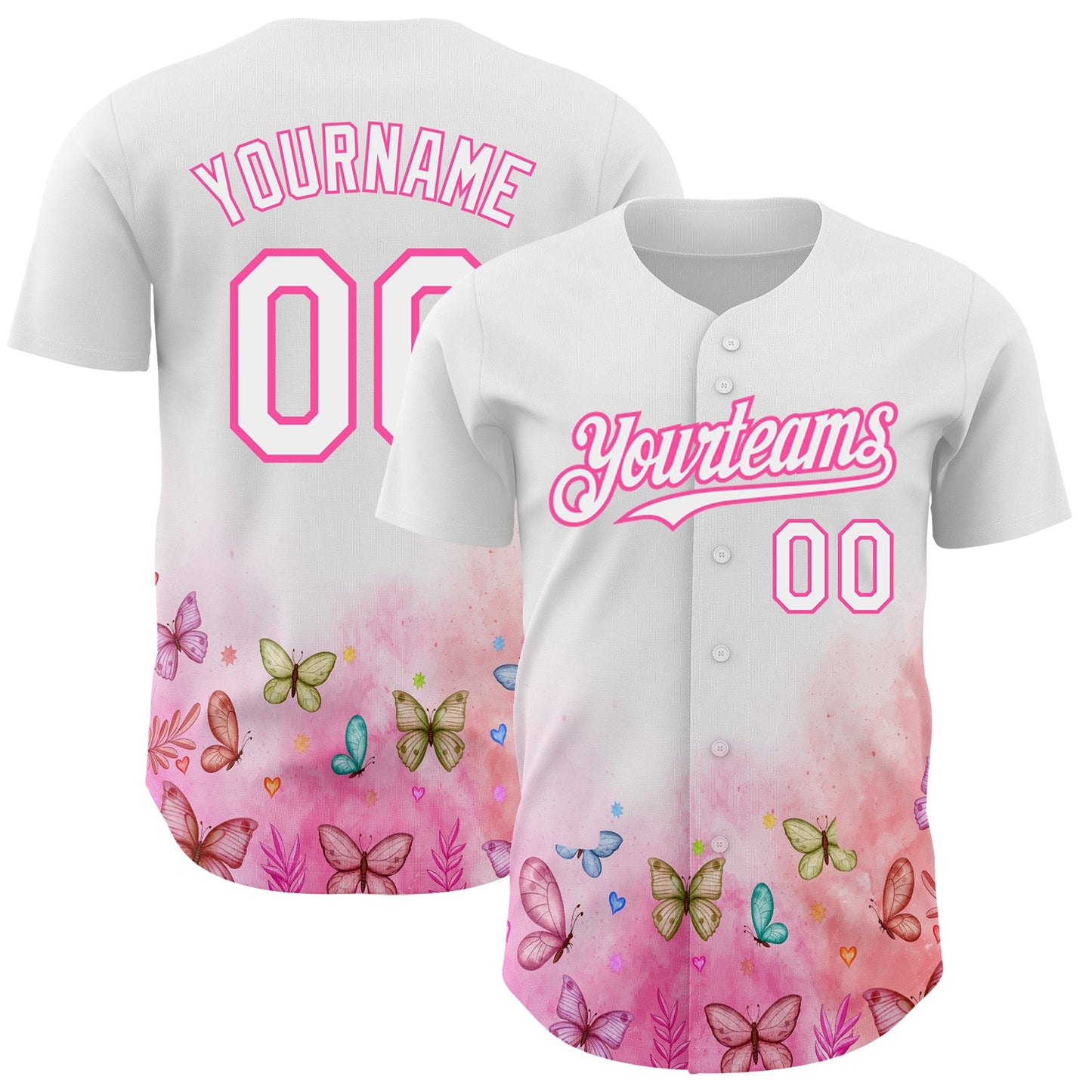 Custom White Pink 3D Pattern Design Animal Butterfly Authentic Baseball Jersey - Main View