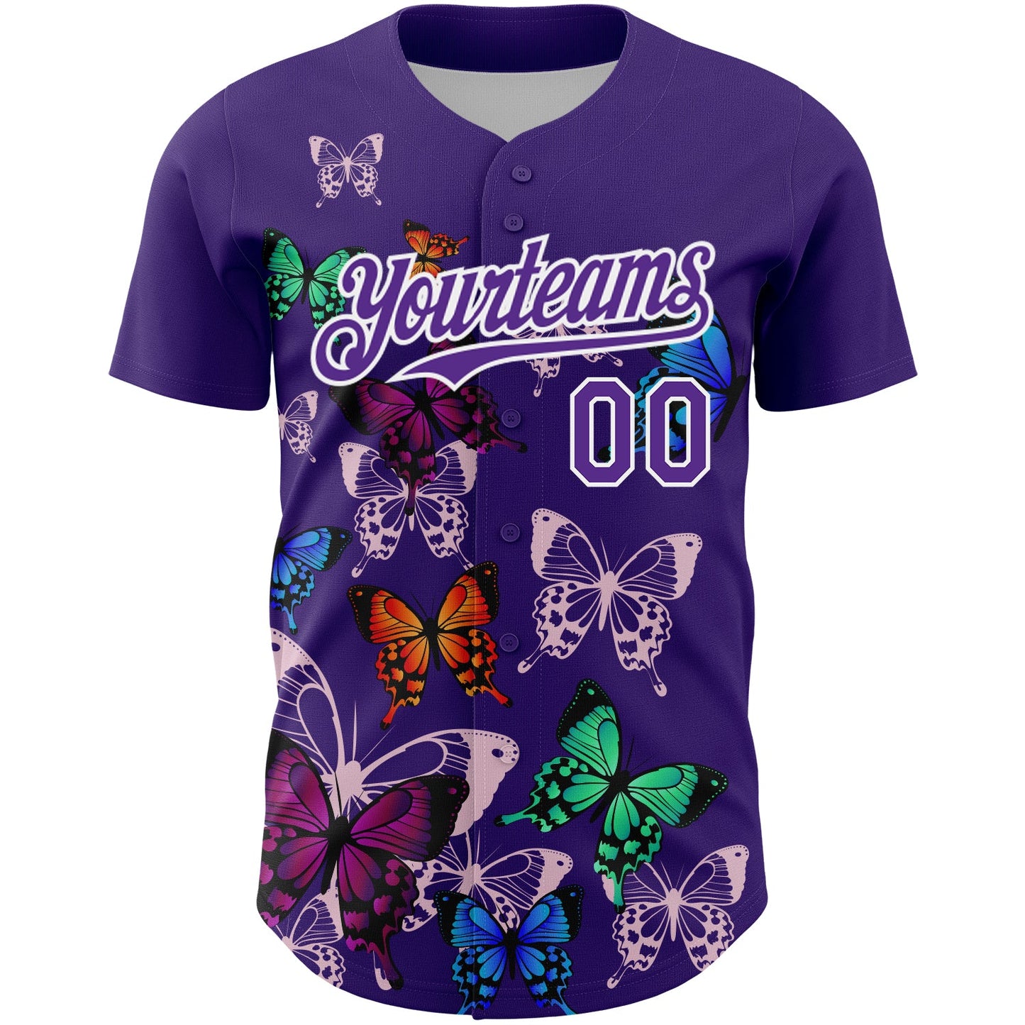 Custom Purple White 3D Pattern Design Animal Butterfly Authentic Baseball Jersey view 2